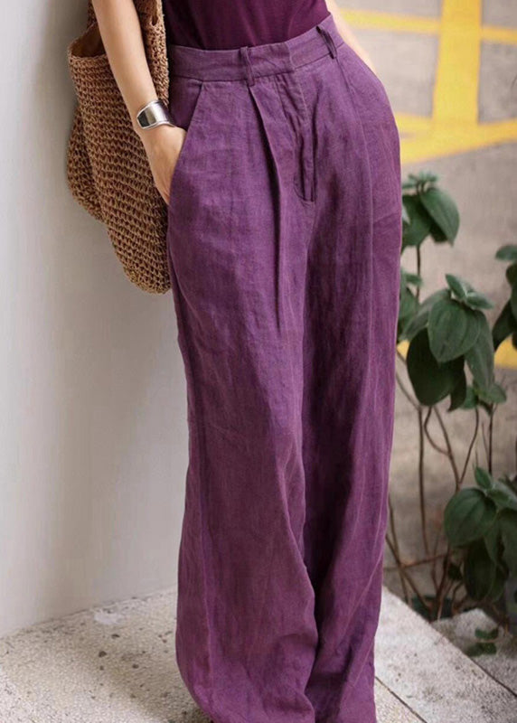 Pantalon large taille haute en lin bio avec poches violettes Automne AN1019