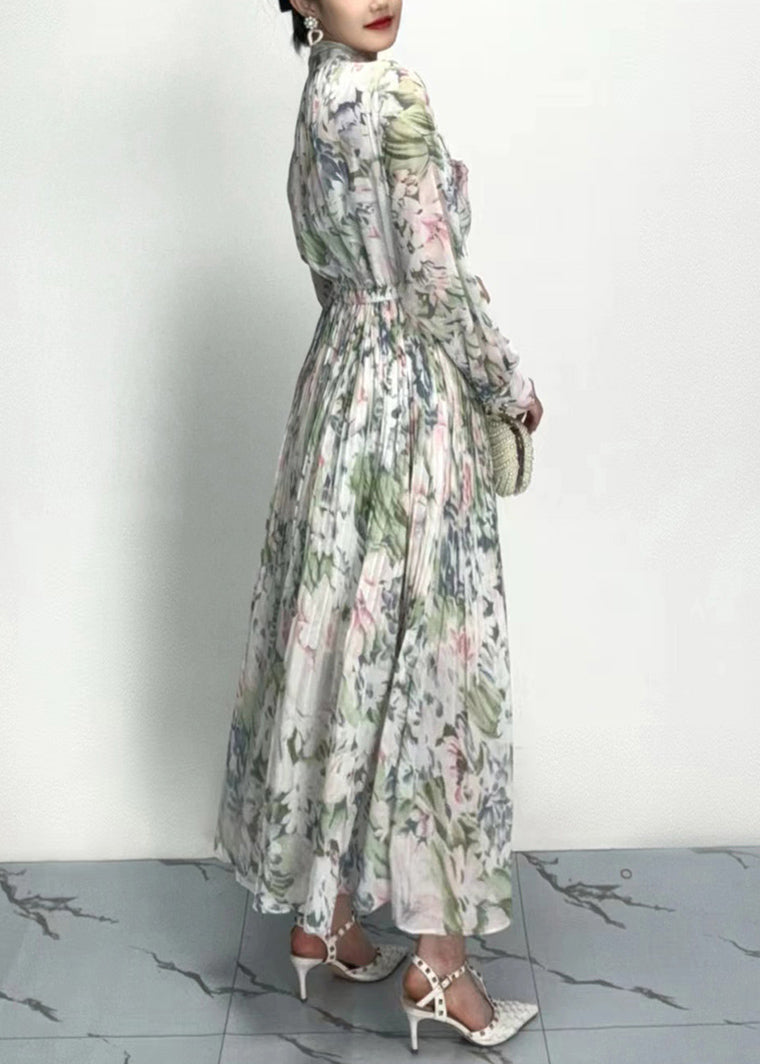 Robe longue en coton froissé à imprimé nœud gris élégant à manches longues AO1011