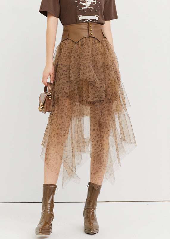 Jupe en tulle taille haute asymétrique à imprimé léopard chic pour l'été QP059