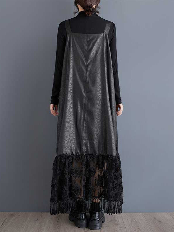 Elegantes schwarzes Hosenträgerkleid mit quadratischem Kragen und Jacquard-Patchwork-Spitze und gerüschtem Saum TW010
