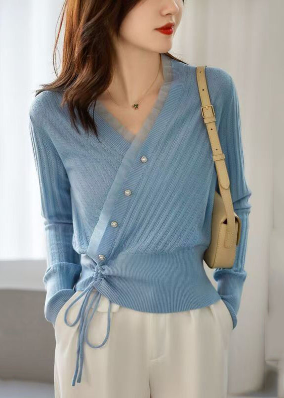 Pull en tricot de coton bleu ajusté à col en V et cordon de serrage pour l'automne QP017