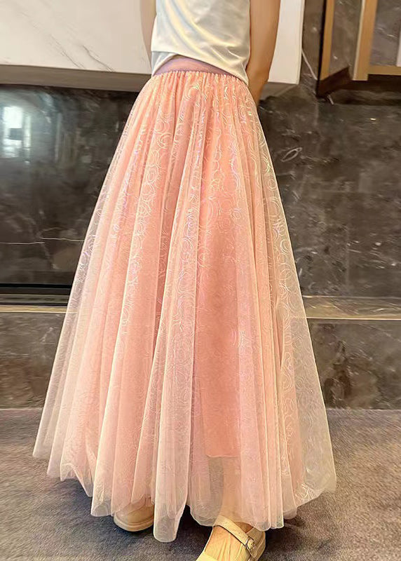 New Apricot Wrinkled Print High Waist Tulle Skirts Summer TT1033