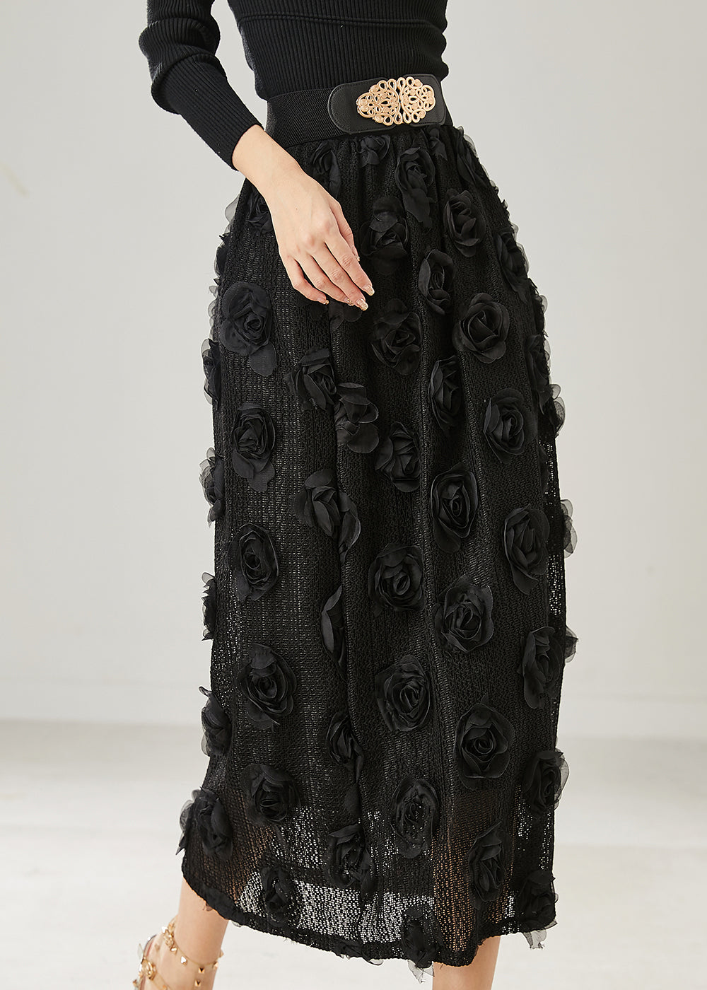 Jupes en tricot floral stéréoscopiques noires naturelles d'été AZ1047