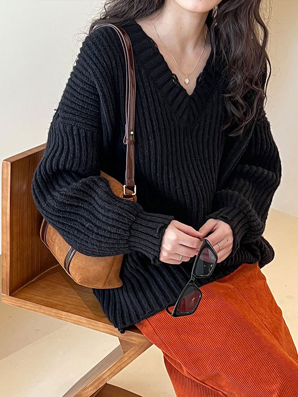 Pull en tricot à manches longues et col en V Urban Fuchsia AN1046