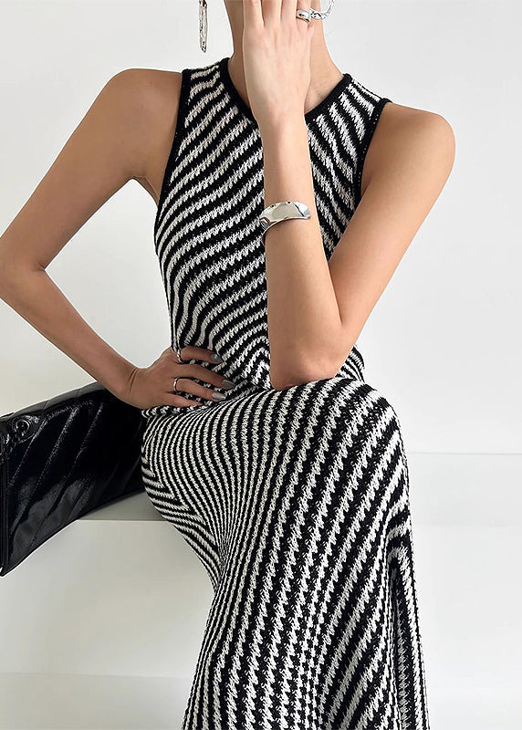Strickkleid mit Streifenmuster, ärmellos, schwarz, knöchellang