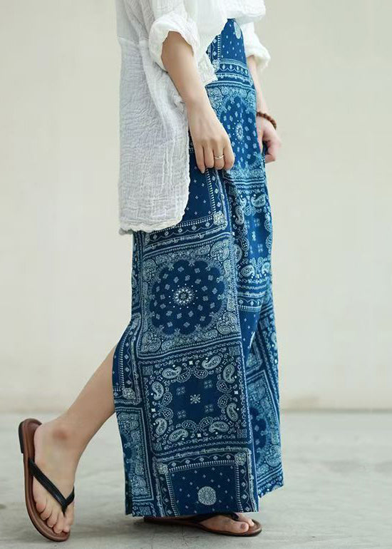 Nouvelles jupes en coton taille haute à imprimé bleu et ouverture latérale Automne QP004