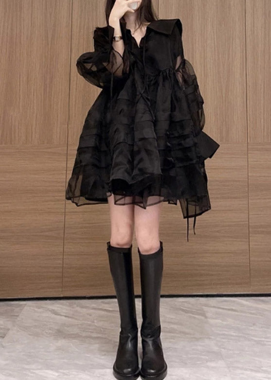 Französische schwarze Ärmel Hals V Tüll lange Patchwork Midi Kleider
