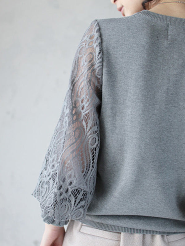 Pull noir à col rond et manches longues bouffantes en dentelle creuse et patchwork QX011