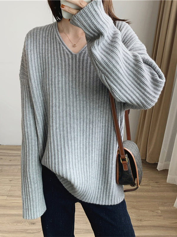 Vintage Karamell V-Ausschnitt Langarm Gestreifter Strickpullover QX001