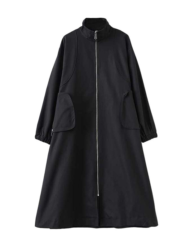 Trench-coat rétro kaki à col montant, poches zippées et manches longues TW005