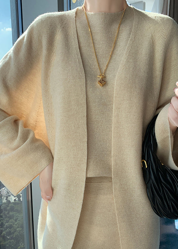 Ensemble trois pièces en laine camel clair naturel, col en V, gilet et pantalon large, automne WV030