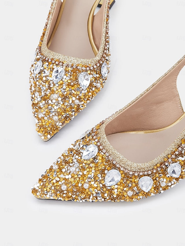 with Slingback Gold Rhinestone Heels Women's Pearl