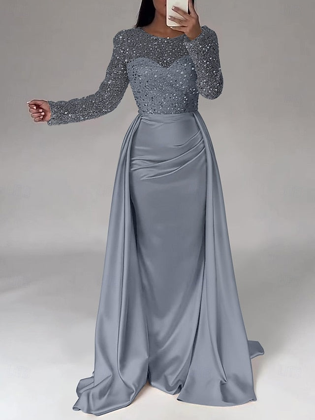 Evening Long Dress Gown Mermaid RuchedSatin Sleeves Sequin