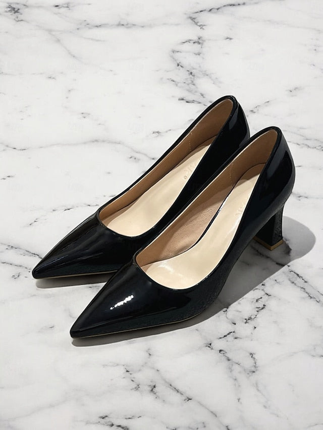 Pumps Patent Faux Pointed-Toe Heel Glossy Leather Green Block