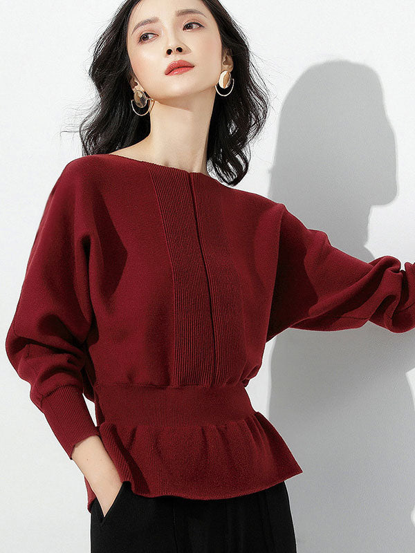Elegante rote Tunika mit U-Boot-Ausschnitt, gerüschtem Saum und langen Ärmeln, Pullover AN1040
