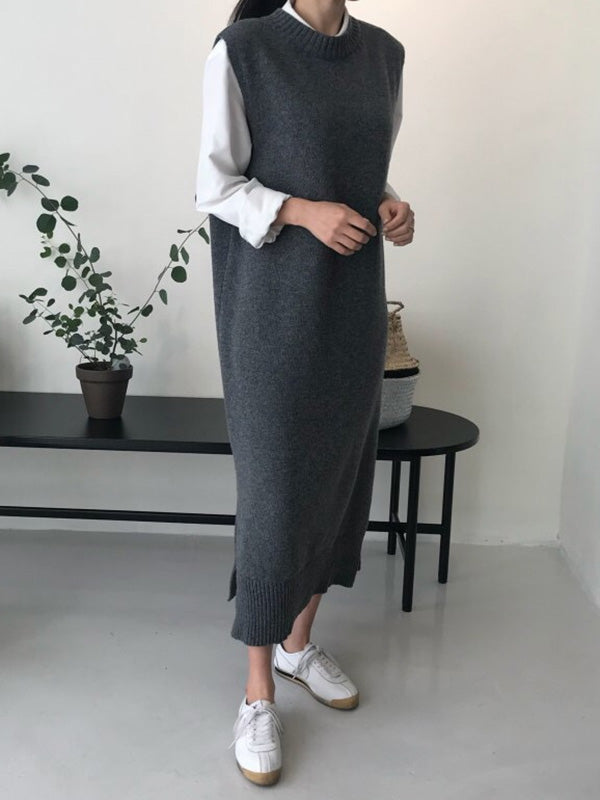 Urban Schwarzes ärmelloses Strickkleid mit Rundhalsausschnitt QX017
