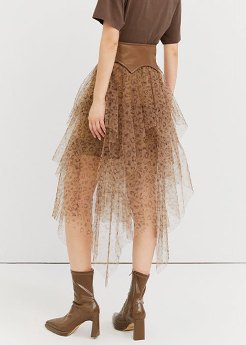 Jupe en tulle taille haute asymétrique à imprimé léopard chic pour l'été QP059