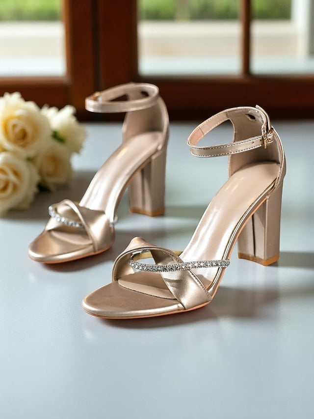 Sandals Ankle Women's Open-Toe Heel PU - Gold Block Strap