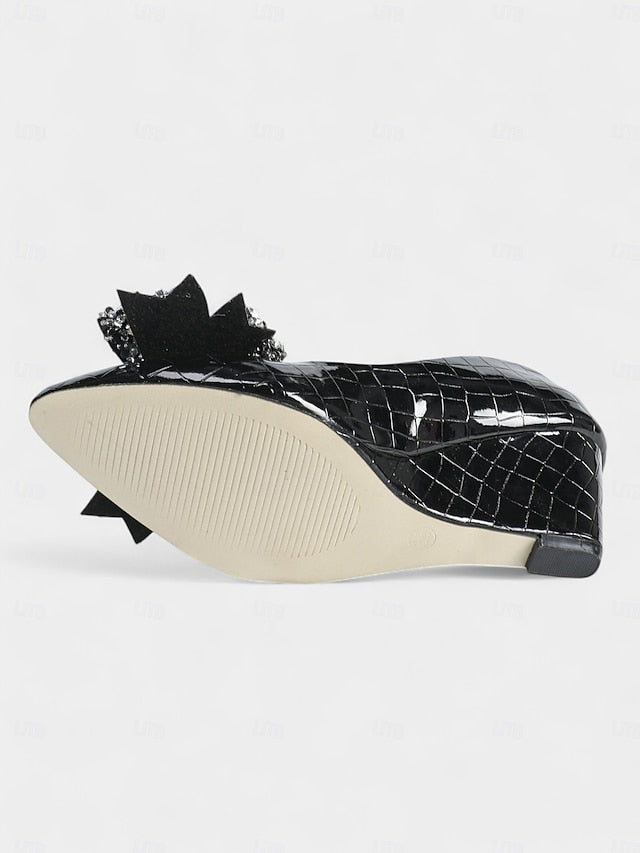 with Bow Patent Black Heels Wedge Glitter Women's Leather