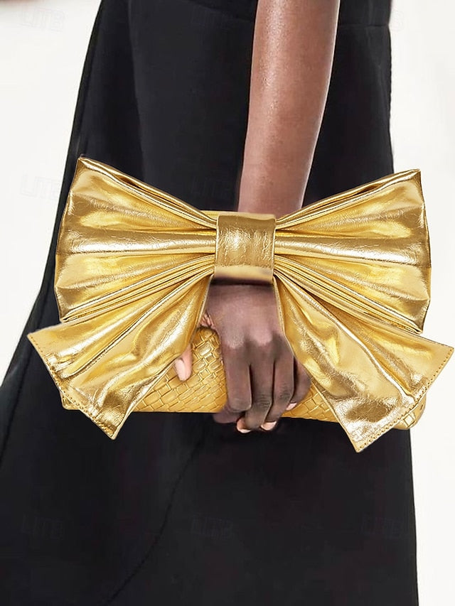 Faux Leather Oversized Clutch Women's with Gold Bow Bag