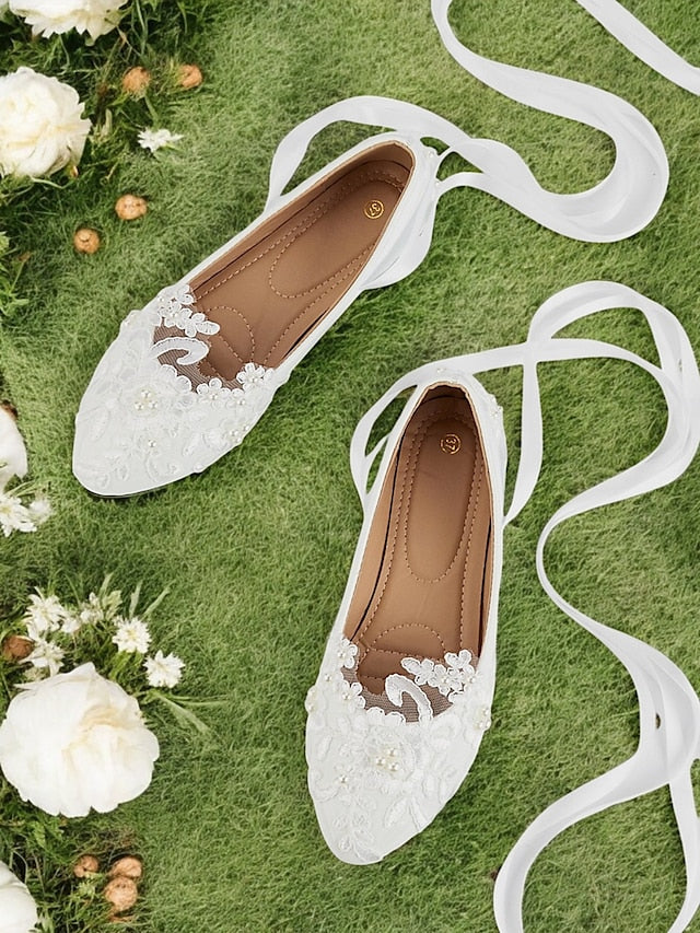 - Wedding Ties Lace White with Bridal Shoes Ribbon Elegant Flats