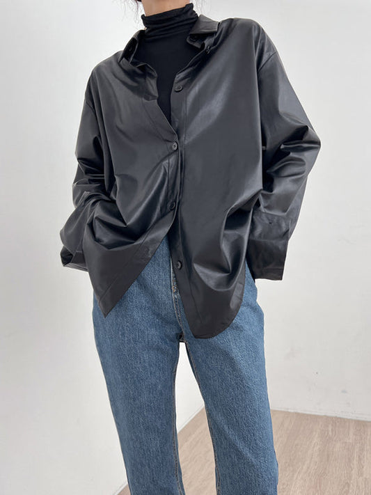 Urban Schwarzes Hemd aus Pu-Leder mit Revers und Knöpfen, langen Ärmeln, WS006