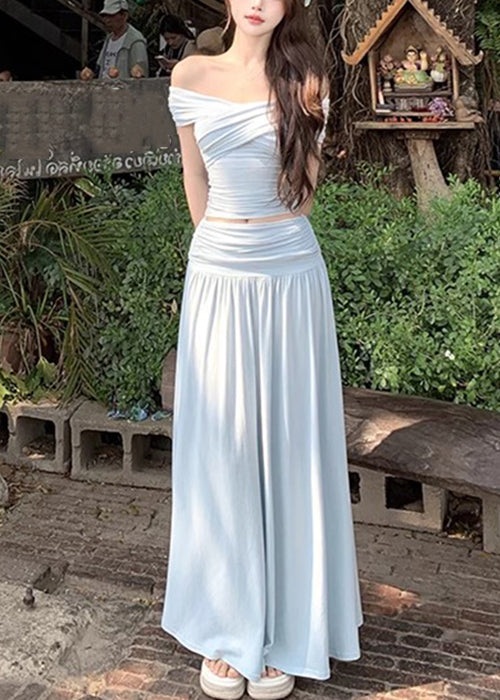 Art Two Beige Summer Skirts Pieces Wrinkled And Set Tops Cotton
