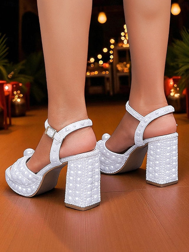 Women's Heel Platform White Embellished Sandals Pearl Block