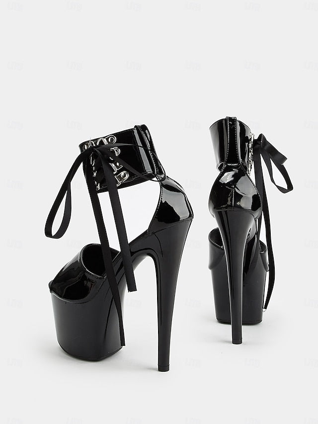 Straps Black Leather Ankle Lace-Up with Patent Sandals Platform
