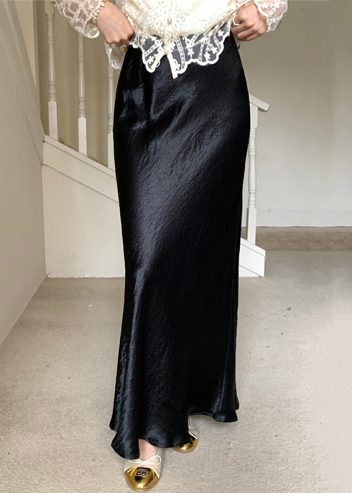 Jupe longue en soie noire à taille haute et ouverture latérale pour l'automne QP060