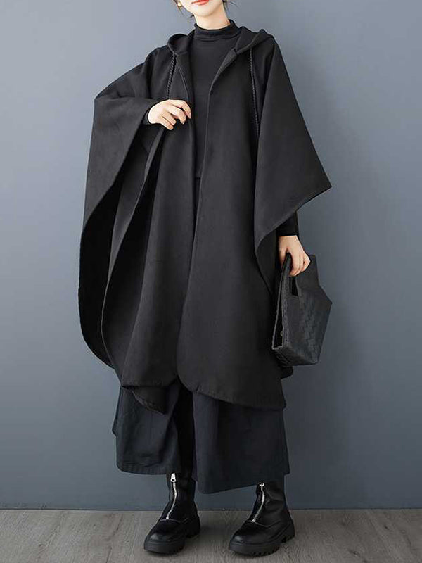 Stilvoller schwarzer Trenchcoat mit Kapuze, Kordelzug, Quastentaschen, Reißverschluss und Fledermausärmeln TW007