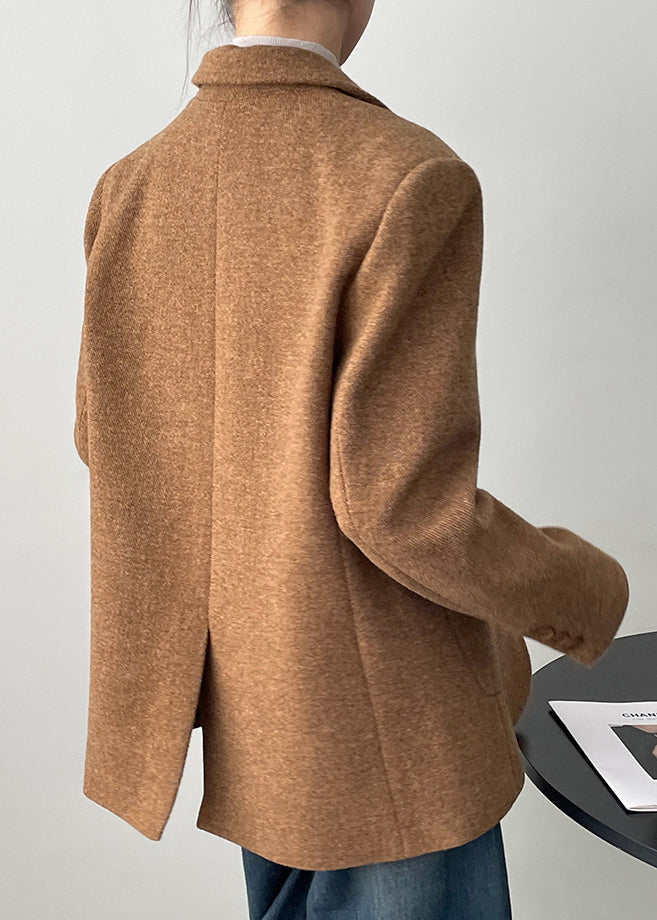 Manteau en laine boutonné à poches crantées marron caramel Boutique Automne WD008