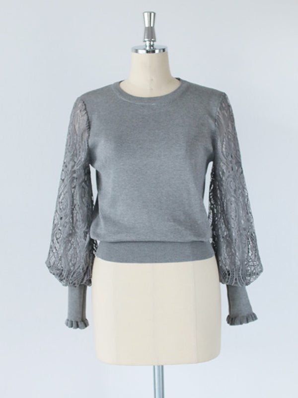 Pull noir à col rond et manches longues bouffantes en dentelle creuse et patchwork QX011