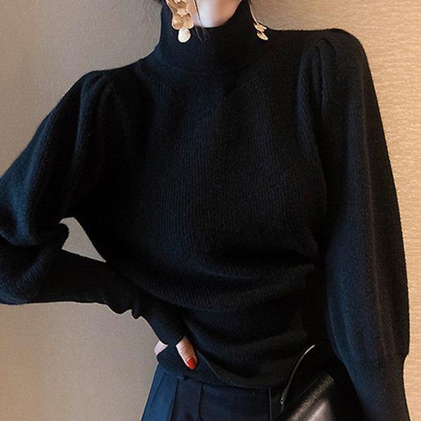 Pull en tricot noir élégant à col roulé et manches longues bouffantes TW001