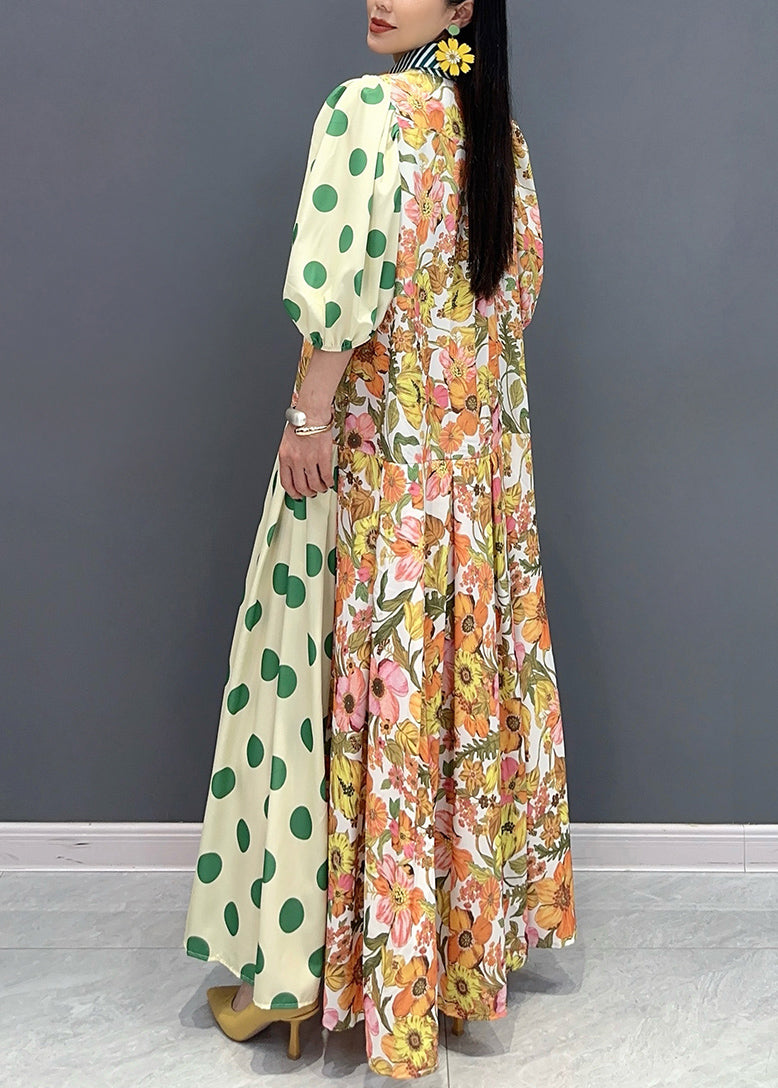 Robe longue en coton imprimé col Peter Pan vert style été AO1049