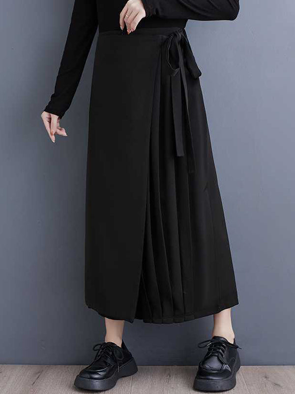 Pantalon élégant noir élastique taille haute asymétrique noué patchwork plissé neuvième pantalon WS015