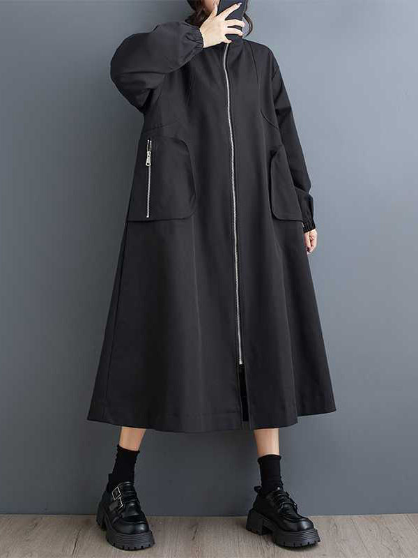 Trench-coat rétro kaki à col montant, poches zippées et manches longues TW005