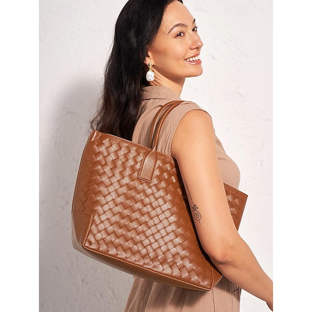Woven Women's Stylish Brown and Leather Bag Tote –