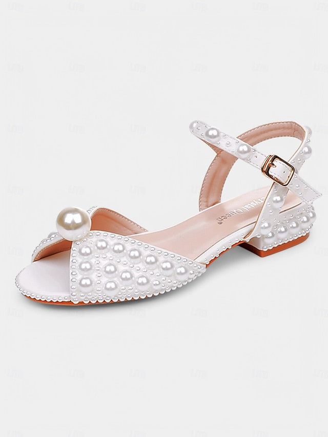 – Heel Women's Sandals Low White Pearl-Embellished
