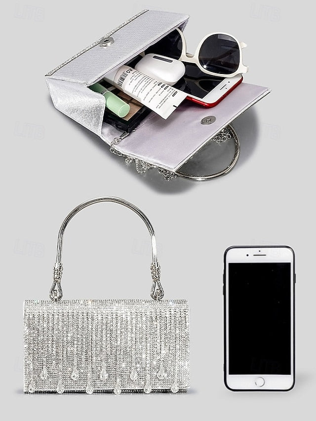 Evening Elegant with Women's Silver Chain Crystal Handbag