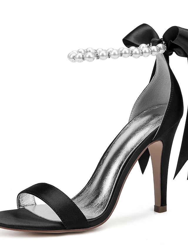 Satin Ankle Strap – Heel Navy Sandals Pearl High Women's