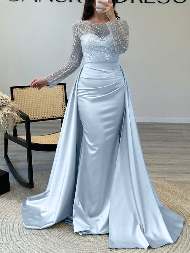 Evening Long Dress Gown Mermaid RuchedSatin Sleeves Sequin