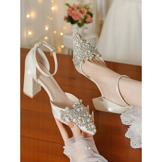 and Heel Pearl Wedding Rhinestone Women's Block Embellished
