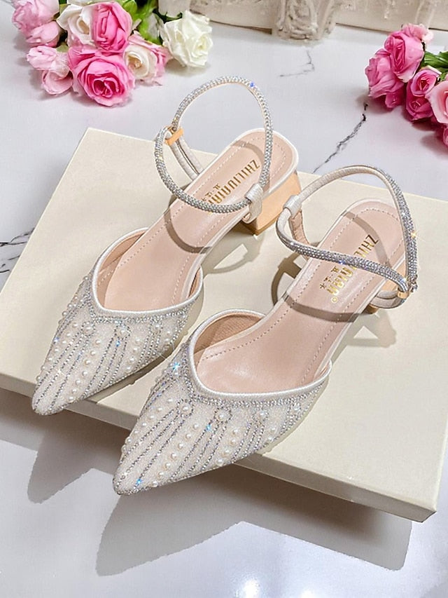 and Pointed Ivory with Toe Pearl Women's Block Heels