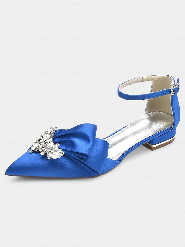 Bow with Pointed-Toe Rhinestone Ankle White Heels Satin and