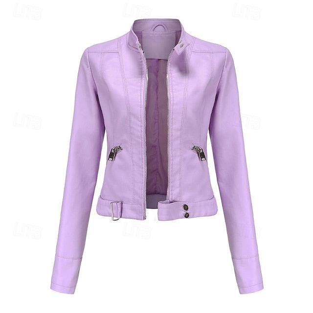 Faux Comfortable Pocket Women's Leather Jacket Zipper