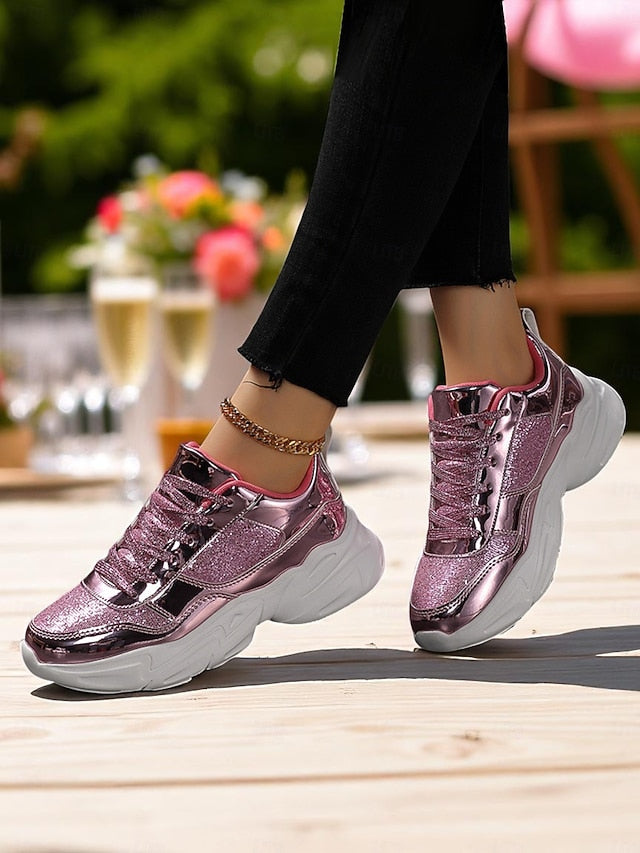 with Glitter Sneakers Platform Metallic Chunky Women's