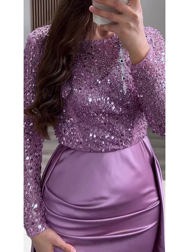 Evening Long Dress Gown Mermaid RuchedSatin Sleeves Sequin