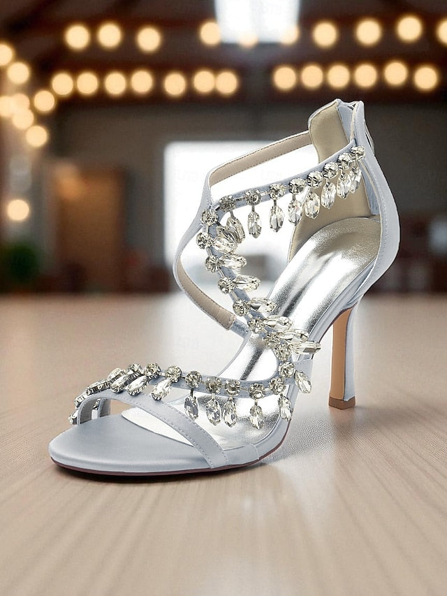 High Women's with Strappy Sandals Rhinestone White Heel