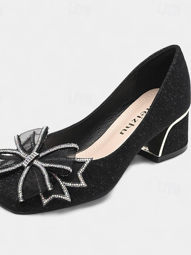 with Heel Pumps Bow - Gold Block Decoration Women's Glitter